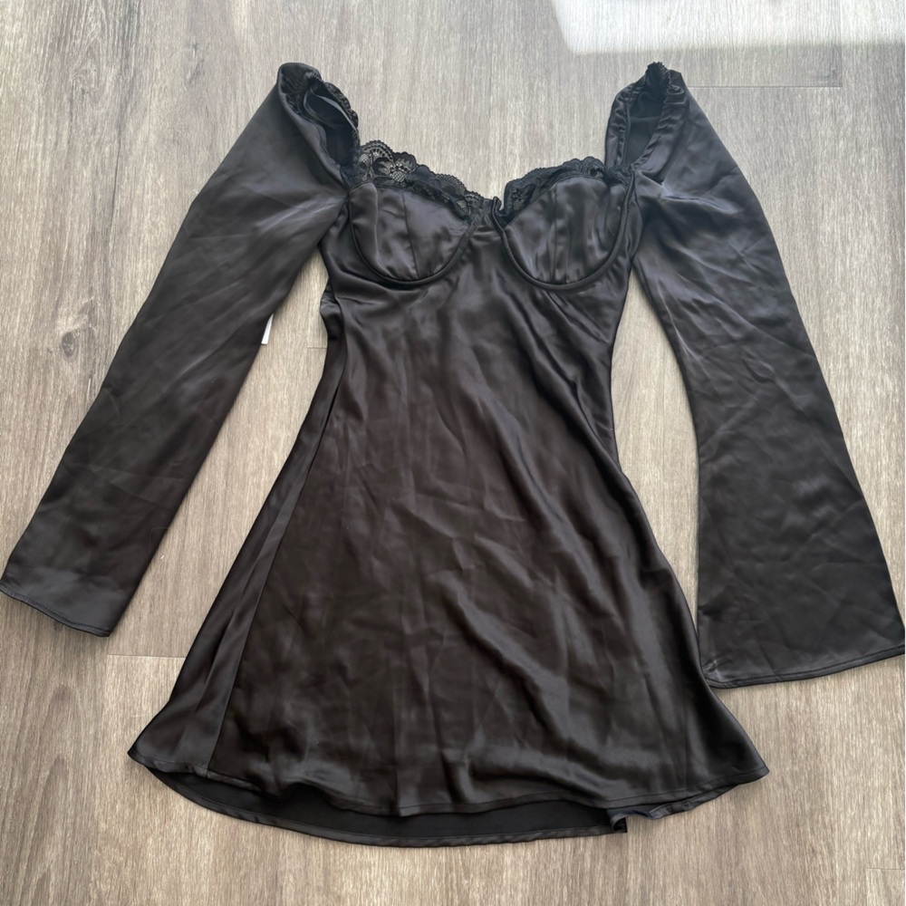 Princess Polly Black Satin Mini Dress with Lace Trim
